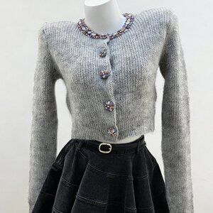 Self-Portrait GREY Cardigan with shimmering crystals at the neckline